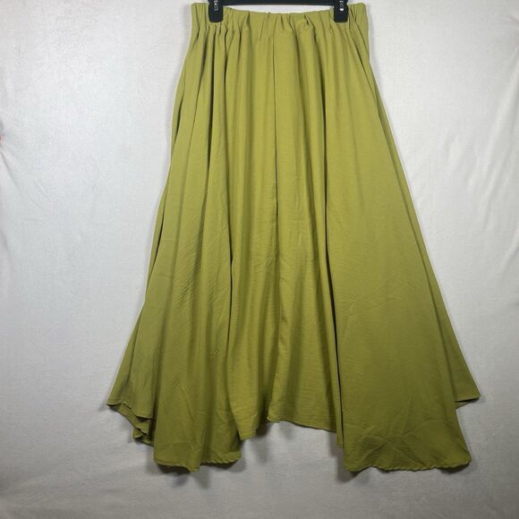 KLD Green Pleated Maxi Skirt Size L Made in USA Style AD-60332 High Low Hem Flow - Picture 2 of 10